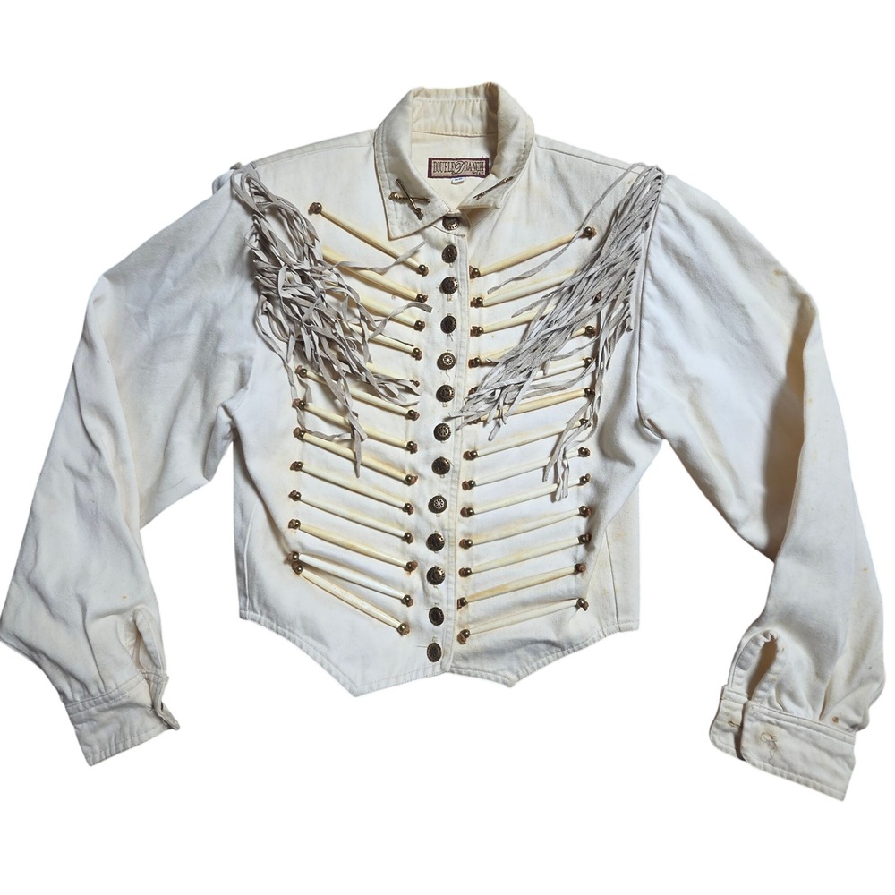 Vintage Double Ranch Wear Western Bone Pipe Fringe Jacket XS Military Steampunk